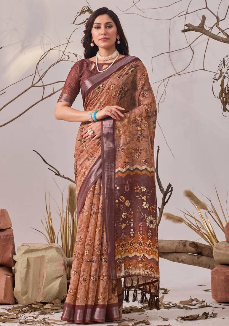 bronze elegant digital printed linen cotton floral saree with designer pallu – party wear saree with blouse