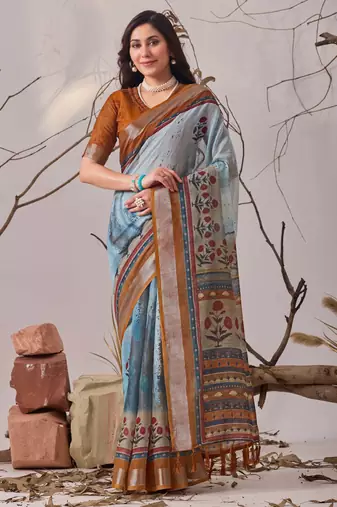 blue digital printed linen cotton floral saree with blouse – designer festive wear