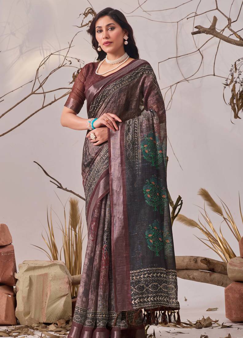 dark brown linen cotton digital patola printed saree with designer pallu & matching blouse piece
