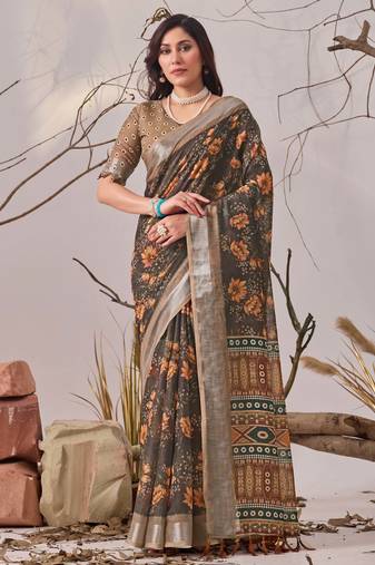 slate grey linen cotton saree with digital floral print & contrast pallu | traditional printed saree with blouse