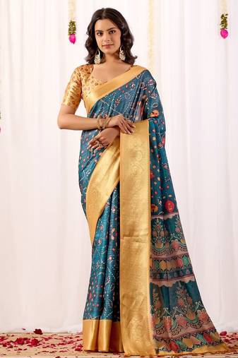 Teal banarasi silk saree with tribal art print & rich zari border | festival wear soft lichi silk saree with blouse