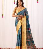 Teal banarasi silk saree with tribal art print & rich zari border | festival wear soft lichi silk saree with blouse