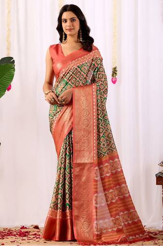 green soft lichi art silk patola weaving saree with rich zari border & contrast blouse