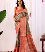 green soft lichi art silk patola weaving saree with rich zari border & contrast blouse