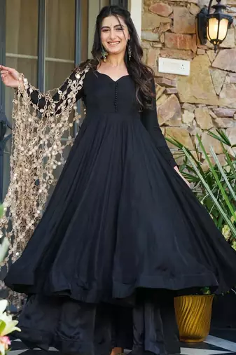 Black Crepe Embroidered Anarkali Suit Set