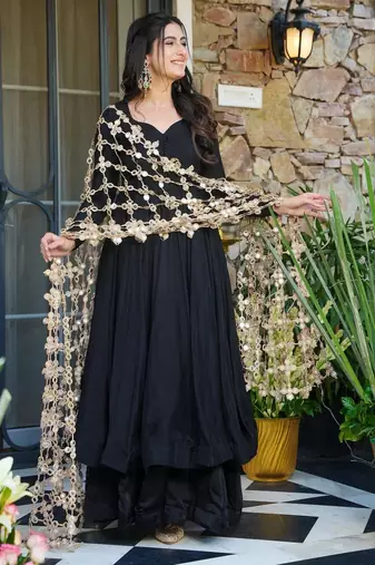 Black Crepe Embroidered Anarkali Suit Set