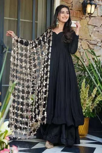 Black Crepe Embroidered Anarkali Suit Set