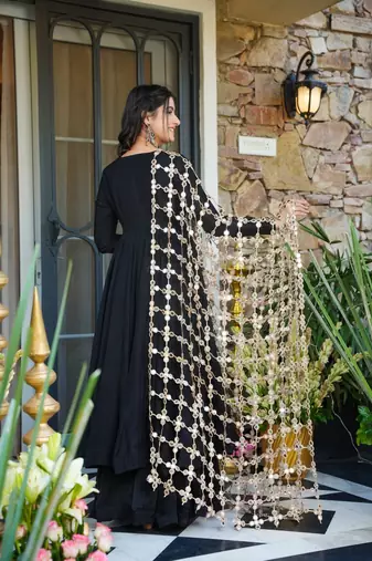 Black Crepe Embroidered Anarkali Suit Set