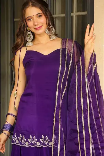 Purple Organza Lace Embroidered Kurta Set