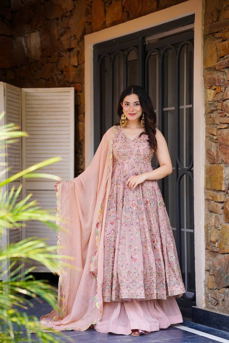 Pink Georgette Embroidered Kurta Set