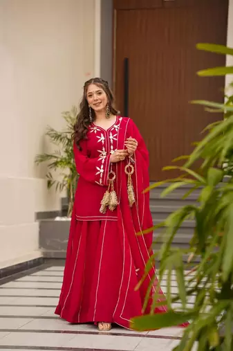 Red Embroidered kurta palazzo set