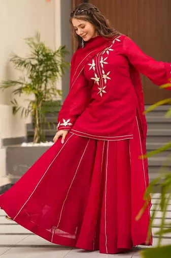 Red Embroidered kurta palazzo set