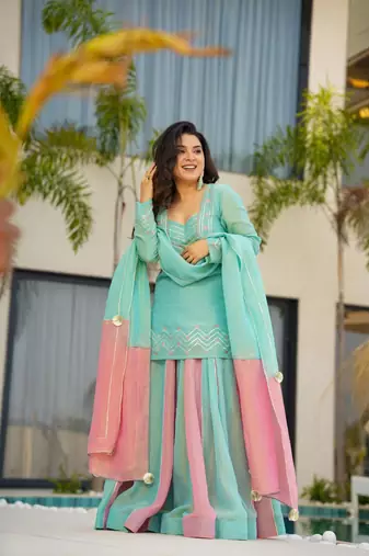 Sky Blue Embroidered kurta palazzo set