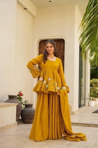 mustard Embroidered sharara set