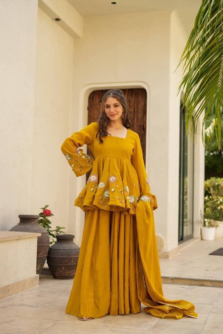 mustard Embroidered sharara set