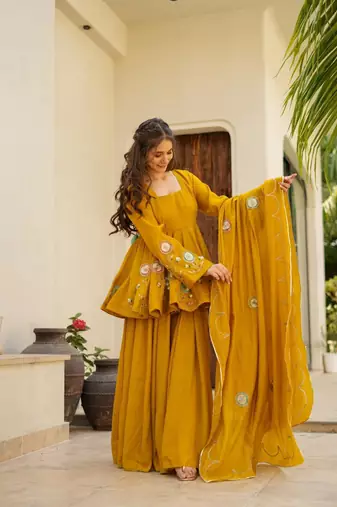 mustard Embroidered sharara set