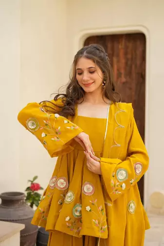 mustard Embroidered sharara set