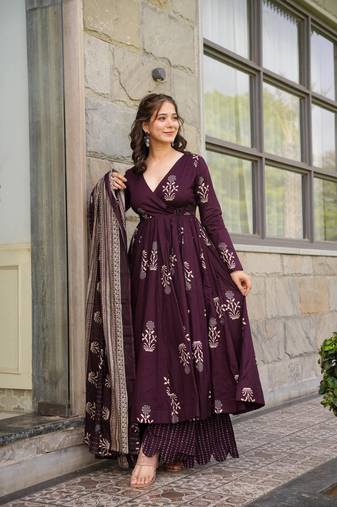 Purple Cotton Printed Aangrakha Set