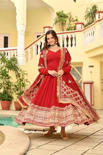 Red faux blooming embroidered zari sequins work gown with dupatta