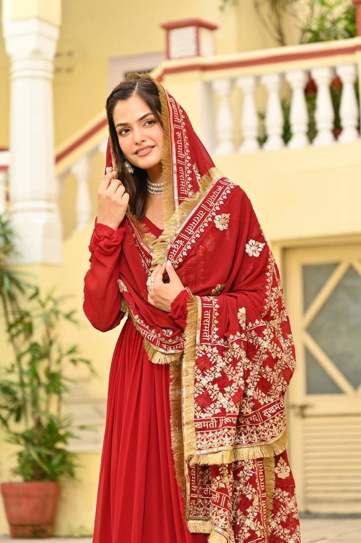 Red faux blooming embroidered zari sequins work gown with dupatta