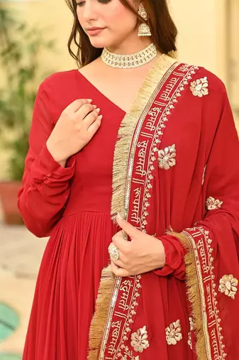 Red faux blooming embroidered zari sequins work gown with dupatta