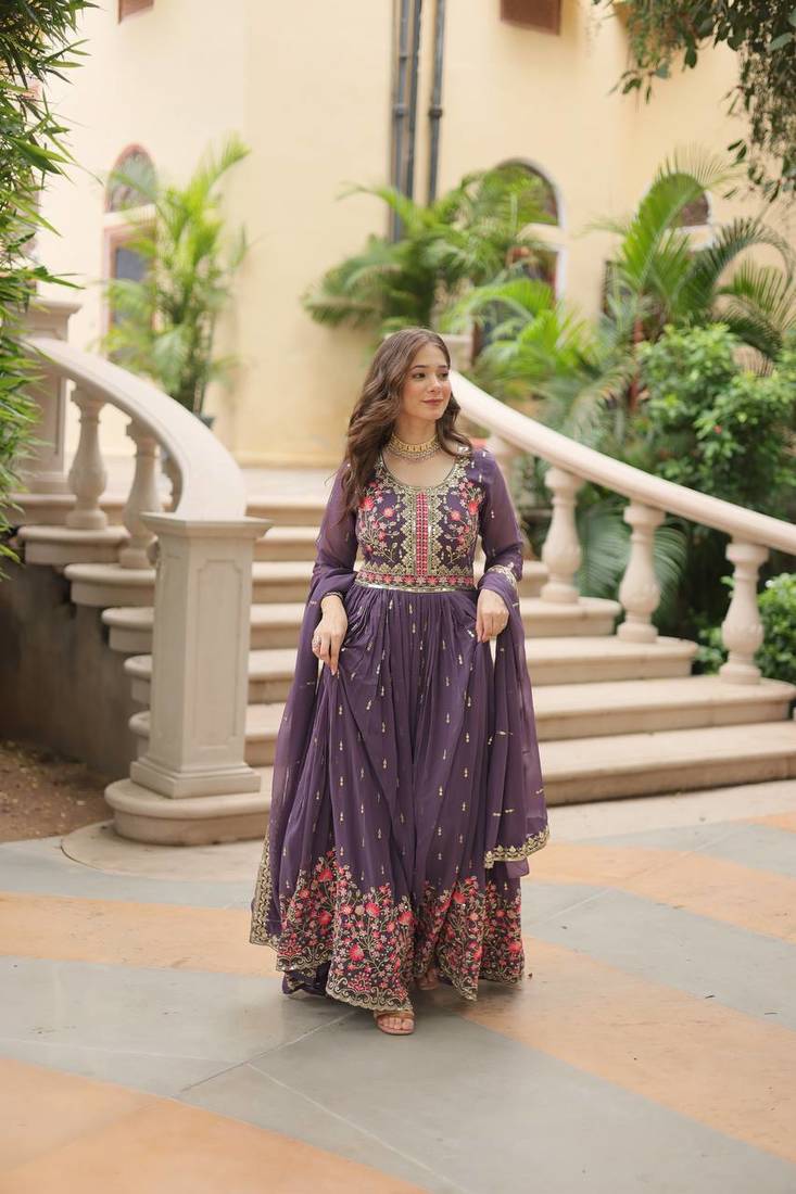 Purple faux georgette embroidered sequins anarkali suit festive wear