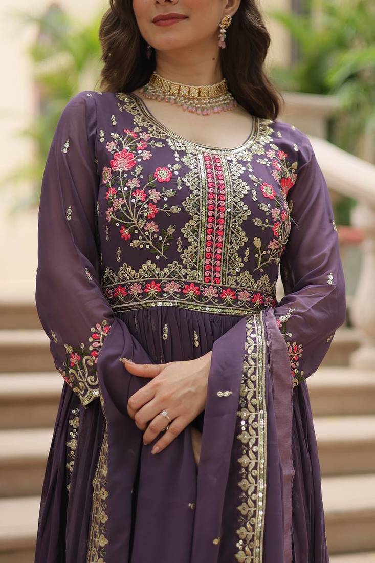 Purple faux georgette embroidered sequins anarkali suit festive wear