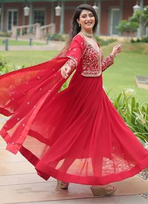 Red faux blooming gown with sequins-multi embroidery 3