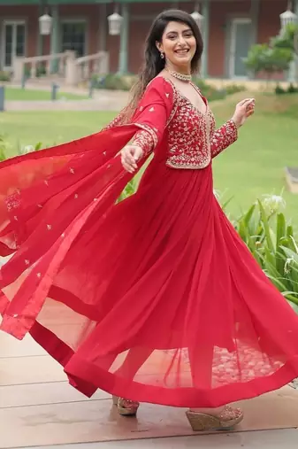 Red faux blooming gown with sequins-multi embroidery