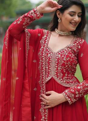 Red faux blooming gown with sequins-multi embroidery 4