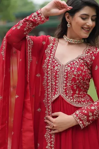 Red faux blooming gown with sequins-multi embroidery