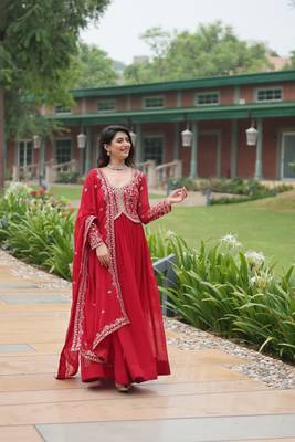 Red faux blooming gown with sequins-multi embroidery 5