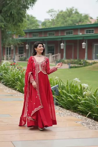 Red faux blooming gown with sequins-multi embroidery