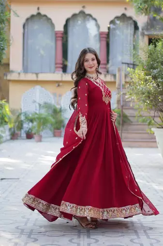 Maroon sequin embroidered georgette anarkali set