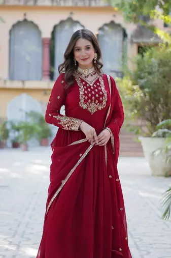 Maroon sequin embroidered georgette anarkali set