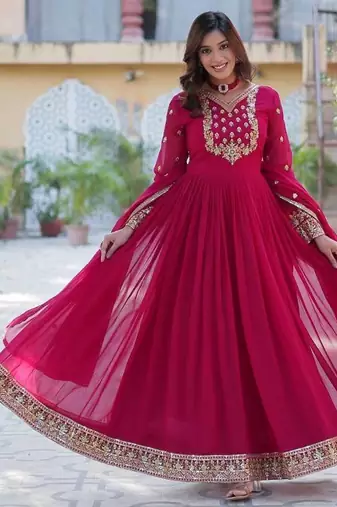 Pink sequin embroidered georgette anarkali set