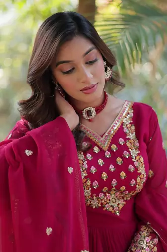Pink sequin embroidered georgette anarkali set