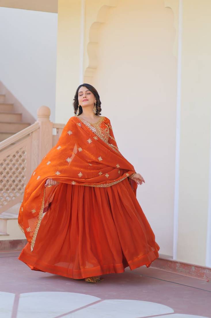 Orange embroidered chiffon anarkali set with dupatta