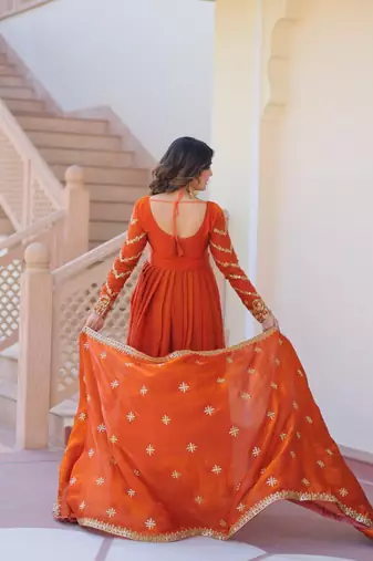 Orange embroidered chiffon anarkali set with dupatta