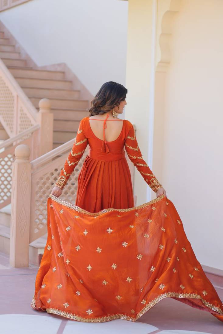 Orange embroidered chiffon anarkali set with dupatta
