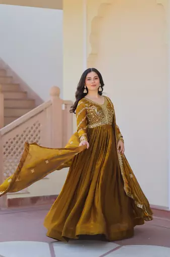 Green embroidered chiffon anarkali set with dupatta