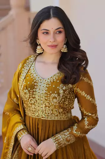 Green embroidered chiffon anarkali set with dupatta