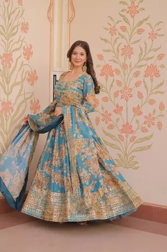 Blue russian silk floral digital print with embroidered sequins anarkali suit festive wear