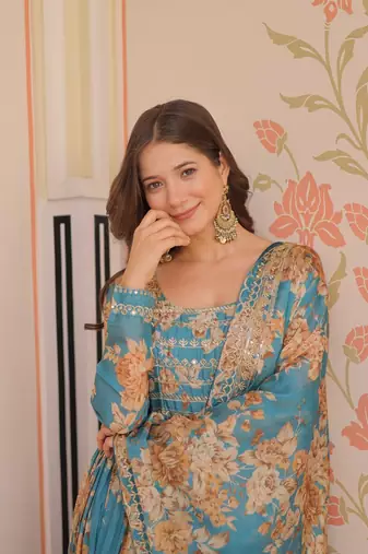 Blue russian silk floral digital print with embroidered sequins anarkali suit festive wear