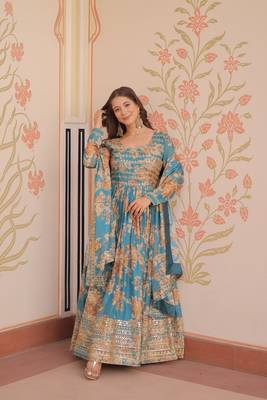 Blue russian silk floral digital print with embroidered sequins anarkali suit festive wear 5
