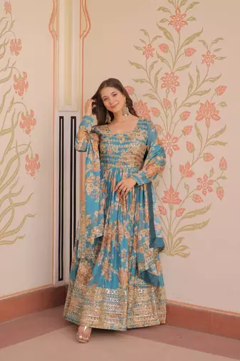 Blue russian silk floral digital print with embroidered sequins anarkali suit festive wear