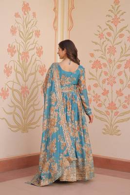 Blue russian silk floral digital print with embroidered sequins anarkali suit festive wear 6
