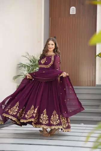 Wine luxury designer faux blooming georgette gown with zari & sequin embroidery