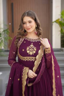 Wine luxury designer faux blooming georgette gown with zari & sequin embroidery 4