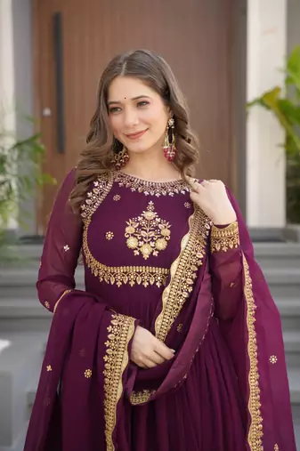 Wine luxury designer faux blooming georgette gown with zari & sequin embroidery